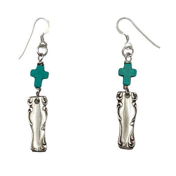 Vintage Spoon Handle Earrings With Turquoise Cross Accents & 925 Silver Hooks - Picture 9 of 12